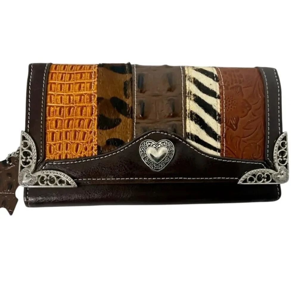 Brighton Western Animal Print Leather Wallet with Silver Heart Accent